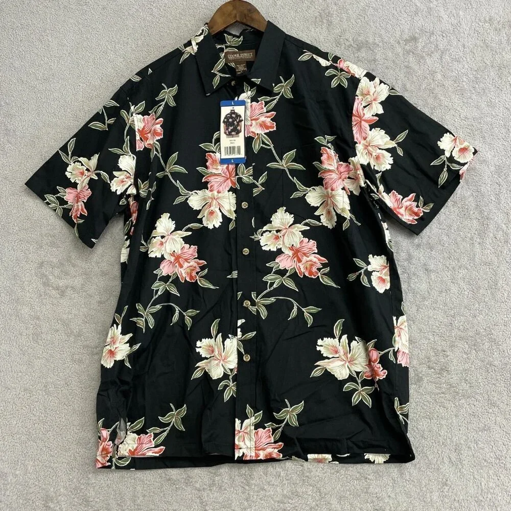 Cooke Street Men's L Hawaiian Floral Short Sleeve Button Shirt Black N0687